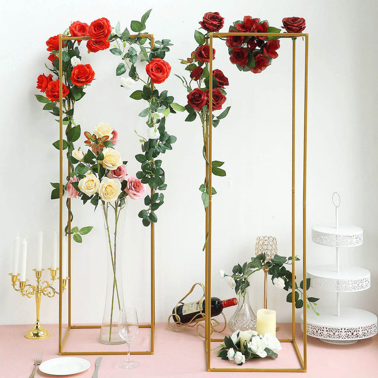2 Pack 48 Inch Rectangle Gold Metal Frame Geometric Column Flower Stands 