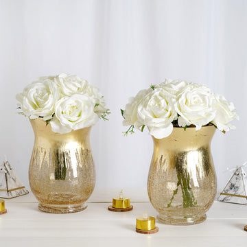 Elegant Gold Curvy Bell Shaped Crackle Glass Hurricane Vase