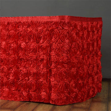 Add Elegance to Your Event with the Red Rosette 3D Satin Table Skirt
