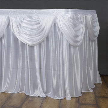 Enhance Your Table Decor with the White Pleated Satin Table Skirt