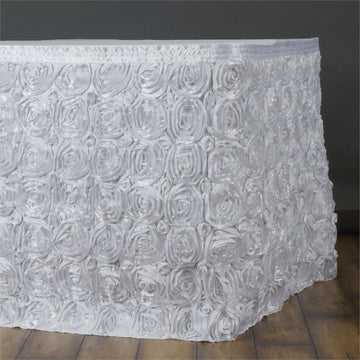 Elegant White Rosette 3D Satin Table Skirt for Stunning Event Decor