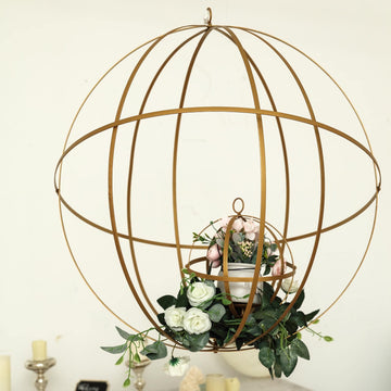 Gold Wrought Iron Open Frame Centerpiece Ball, Candle Holder Floral Display Hanging Sphere 24"