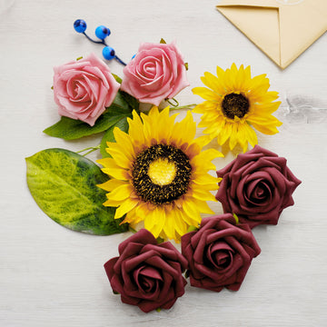 34 Pcs Artificial Rose, Silk Sunflower and Blueberry Stems Mix Flower Box - Burgundy/Pink