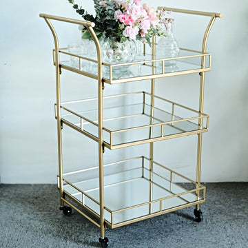 Gold Metal 3-Tier Bar Cart Mirror Serving Tray Kitchen Trolley, Teacart Island Trolley for Events - 3ft Tall