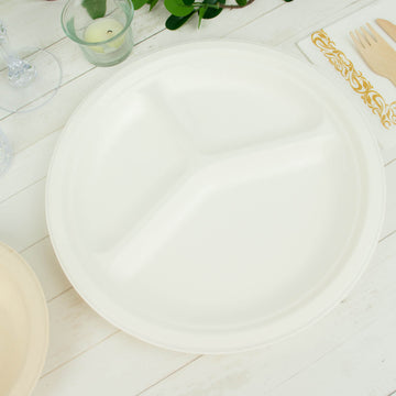 50 Pack White Biodegradable Bagasse 3-Compartment Dinner Plates, Eco Friendly Disposable Sugarcane Party Plates 10"