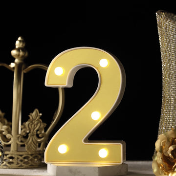 Gold 3D Marquee Numbers "2" - Warm White 5 LED Light Up Numbers 6"
