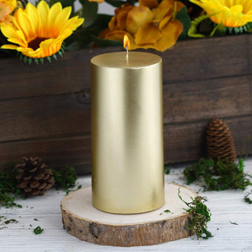 Metallic Gold Dripless Unscented Pillar Candle, Long Lasting Candle 6"