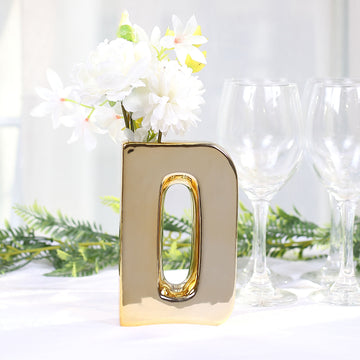 Add a Touch of Glamour to Your Decor with the Shiny Gold Plated Ceramic Letter 'D' Sculpture Flower Vase