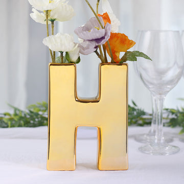Add a Touch of Luxury to Your Decor with the Shiny Gold Plated Ceramic Letter "H" Sculpture Flower Vase