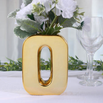 Add a Touch of Glamour with the Shiny Gold Plated Ceramic Letter 'O' Sculpture Flower Vase