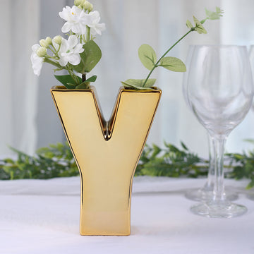 Add Glamour to Your Decor with the Shiny Gold Plated Ceramic Letter 'Y' Sculpture Flower Vase