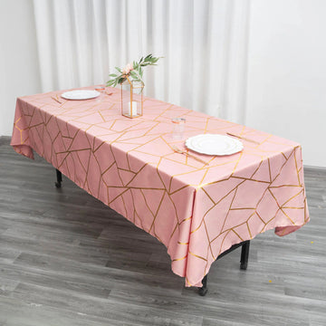 Dusty Rose Seamless Rectangle Polyester Tablecloth With Gold Foil Geometric Pattern 60"x102"