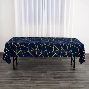 Navy Blue Seamless Rectangle Polyester Tablecloth With Gold Foil Geometric Pattern 60"x102"
