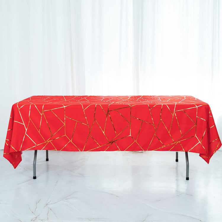 60 Inch x 102 Inch Red Rectangle Polyester Tablecloth With Gold Foil Geometric Pattern
