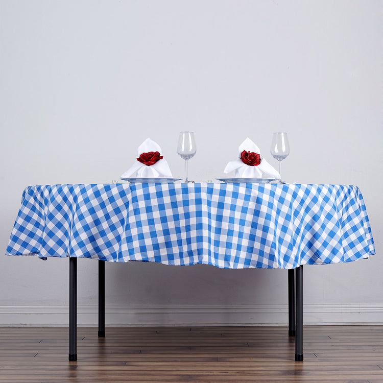 Buffalo Plaid 70 Inch Round Tablecloth In White & Blue Checkered Gingham Polyester