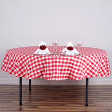 Checkered Gingham Polyester Round 70 Inch Tablecloth In White & Red Buffalo Plaid