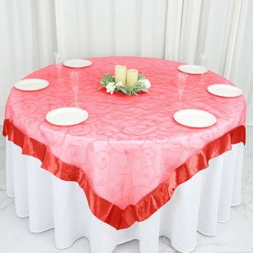 Enhance Your Table Setting with the Red Embroidered Sheer Organza Square Table Overlay