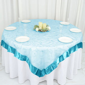 Turquoise Embroidered Sheer Organza Square Table Overlay: The Perfect Addition to Your Table