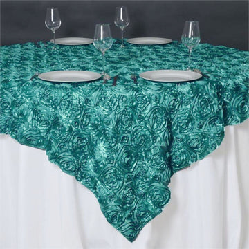 Turquoise 3D Rosette Satin Square Table Overlay 85"x85"
