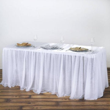 Rectangular White 3 Layer Skirted Tablecloth, Fitted Tulle Tutu Satin Pleated Table Skirt 8ft