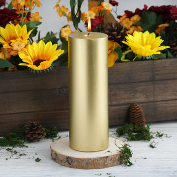 Metallic Gold Dripless Unscented Pillar Candle, Long Lasting Candle 9"