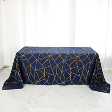 90 Inch x 132 Inch Navy Blue Rectangle Polyester Tablecloth With Gold Foil Geometric Pattern