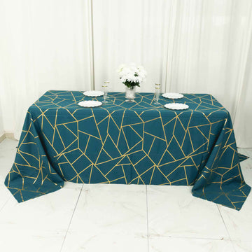 Peacock Teal Seamless Rectangle Polyester Tablecloth With Gold Foil Geometric Pattern 90"x132"
