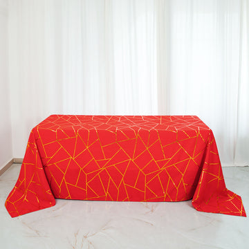 Red Seamless Rectangle Polyester Tablecloth With Gold Foil Geometric Pattern 90"x132"