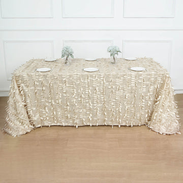 Beige 3D Leaf Petal Taffeta Fabric Seamless Rectangle Tablecloth 90"x156"