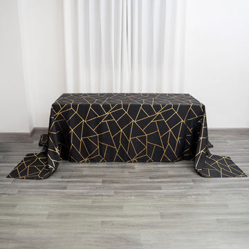 Black Seamless Rectangle Polyester Tablecloth With Gold Foil Geometric Pattern 90"x156"