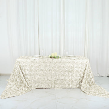Elegant Ivory Seamless Grandiose Rosette 3D Satin Rectangle Tablecloth 90"x156"