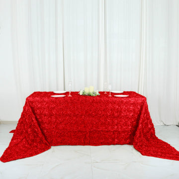 Red Seamless Grandiose Rosette 3D Satin Rectangle Tablecloth 90"x156"