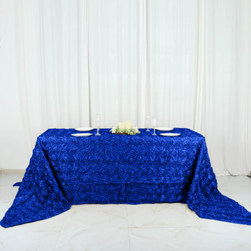 Royal Blue Seamless Grandiose Rosette 3D Satin Rectangle Tablecloth 90"x156"