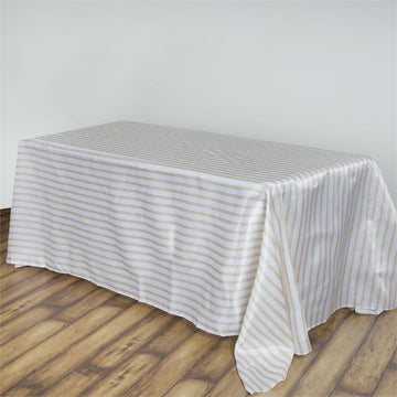 White/Champagne Seamless Stripe Satin Rectangle Tablecloth 90"x156"