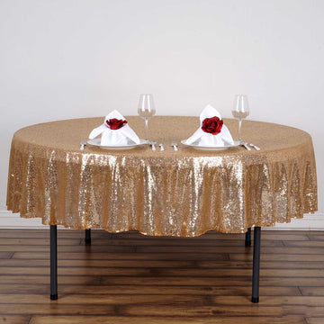 Elevate Your Event with the Gold Seamless Premium Sequin Round Tablecloth 90