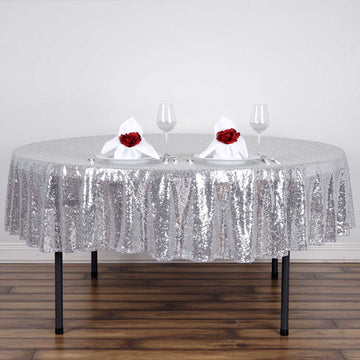 Elevate Your Event with the Silver Seamless Premium Sequin Round Tablecloth 90