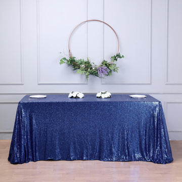 Elevate Your Event with the Navy Blue Seamless Premium Sequin Rectangle Tablecloth 90x156