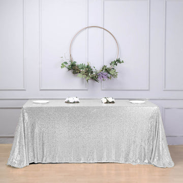 Elevate Your Event with the Silver Seamless Premium Sequin Rectangle Tablecloth 90x156