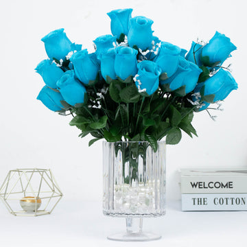 Turquoise Artificial Premium Silk Flower Rose Bud Bouquets