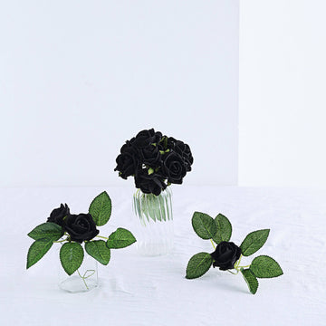 Elegant and Timeless: 24 Black Artificial Foam Roses with Stem Wire and Leaves