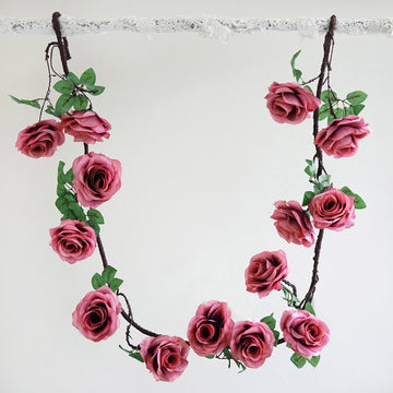 Dusty Rose Artificial Silk Rose Hanging Flower Garland Faux Vine 6ft