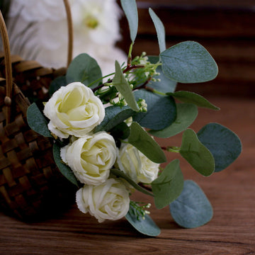Create Unforgettable Moments with Ivory Artificial Silk Rose and Eucalyptus Flower Bouquet Arrangement 15