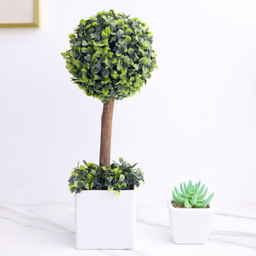 Freshen up Your Space with the Green Artificial Boxwood Topiary Ball Tree in White Planter Pot