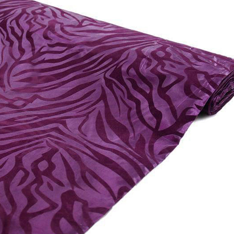 54" x 10 Yards | Zebra Print Taffeta Fabric Roll | Animal Print Fabric by the Bolt - Eggplant#whtbkgd