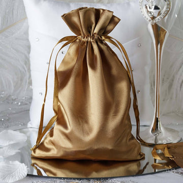 12 Pack Antique Gold Satin Wedding Party Favor Bags, Drawstring Pouch Gift Bags 6"x9"