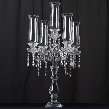 5 Arm Premium Crystal Glass Taper Candle Holder Candelabra With Chandelier Chains 32"