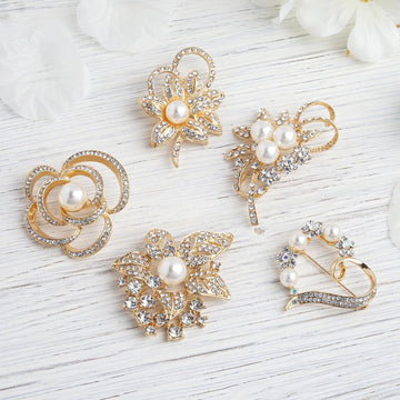 5 Pack Assorted Gold Plated Pearl and Rhinestone Brooches Floral Sash Pin Brooch Bouquet Decor