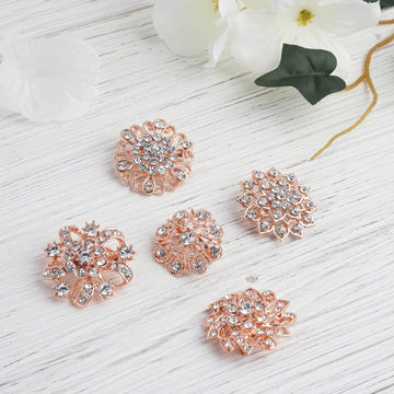 5 Pack Assorted Rose Gold Plated Mandala Crystal Rhinestone Brooches Floral Sash Pin Brooch Bouquet Decor