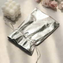 Metallic Silver Lame Polyester Shiny Fabric Drawstring Candy Pouch Gift Bags 5 Inch x 7 Inch