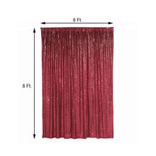 A burgundy sequin curtain with measurements on a white background
